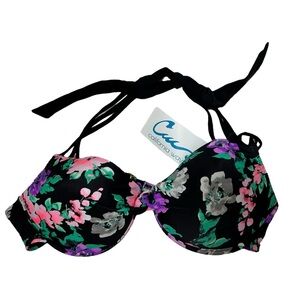 NWT California Waves Push Up Bikini Top Black Floral Women’s